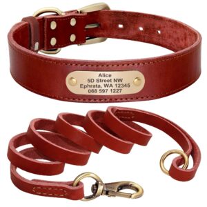 Custom Leather Dog Collar & Leash Set, Personalized Pet Collar with Engraved Nameplate for Small, Medium & Large Dogs, Durable Adjustable Walking Set