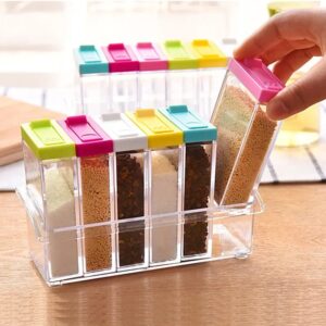 6PCS Kitchen Spice Jar Set with Tray – Moisture-Proof Seasoning Containers, Plastic Condiment Storage Box for Salt, Sugar, Pepper, Herbs & Kitchen Organization
