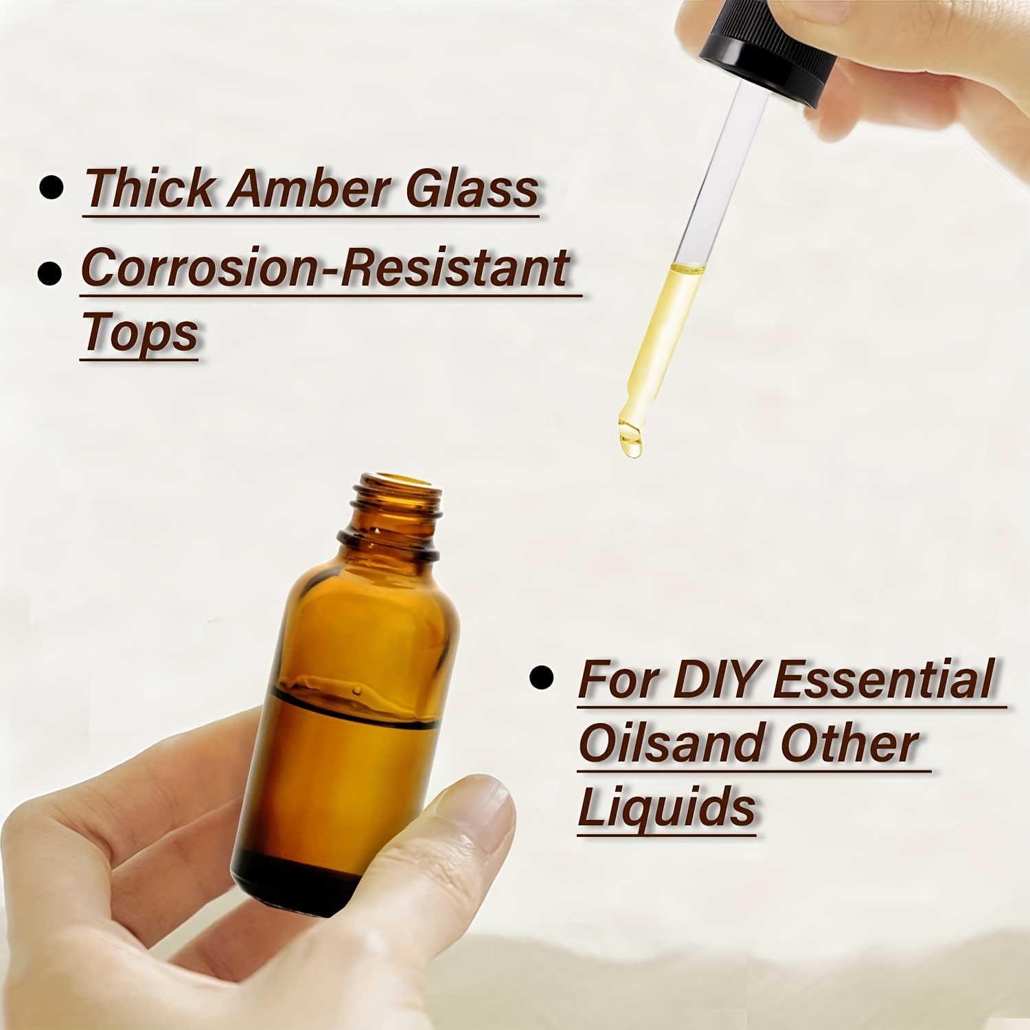 30ml Amber Glass Dropper Bottle 1oz Leakproof Essential Oil Bottle with Glass Pipette Refillable Tincture Bottle for Serums, Liquids, Aromatherapy & Travel - Image 3