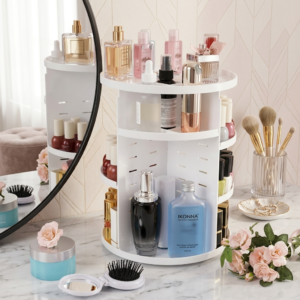 360° Rotating Makeup Organizer – White Cosmetic Storage Organizer for Skincare, Perfume, Lipsticks, Brushes & Vanity Countertop