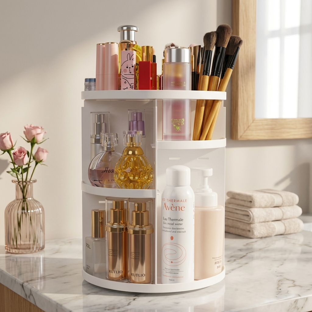 360° Rotating Makeup Organizer – White Cosmetic Storage Organizer for Skincare, Perfume, Lipsticks, Brushes & Vanity Countertop - Image 2