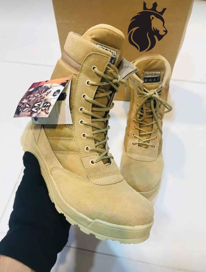 Men’s Beige Knee High Boots – Synthetic Leather SWAT Style Combat Boots for Men, Stylish High-Top Boots for Casual & Outdoor Wear - Image 4