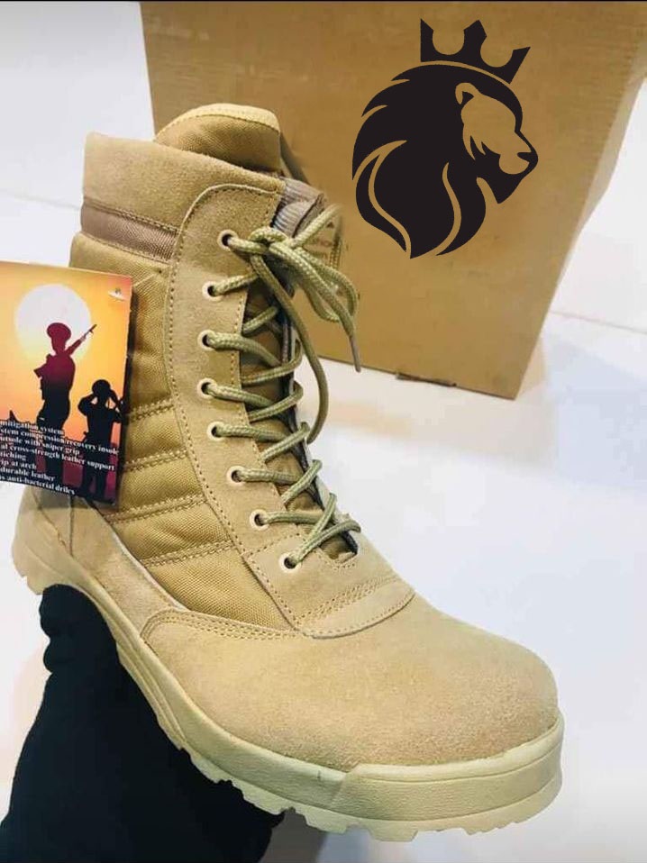 Men’s Beige Knee High Boots – Synthetic Leather SWAT Style Combat Boots for Men, Stylish High-Top Boots for Casual & Outdoor Wear