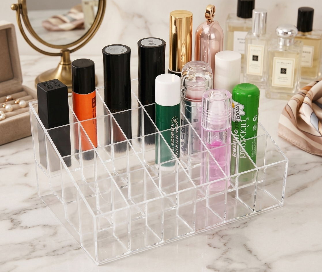 24 Grid Clear Acrylic Makeup Organizer – Lipstick & Cosmetic Storage Holder for Jewellery, Makeup Brushes, Beauty Accessories, Vanity & Dressing Table - Image 2