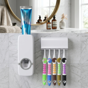 Automatic Toothpaste Dispenser with 5 Toothbrush Holders – Wall Mounted Toothpaste Squeezer & Bathroom Organiser for Family Home, Kids & Adults
